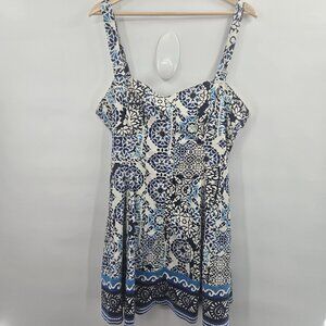 Avec Les Filles White Blue Tile Lined Mini Dress Size 14